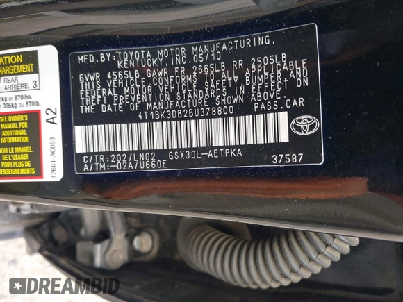 2011 Toyota Avalon with VIN 4T1BK3DB2BU378800, listed as a IAAI auction lot 42287068 with 182,122 mi miles and . Bid and sale history available at DreamBid. Image 9.