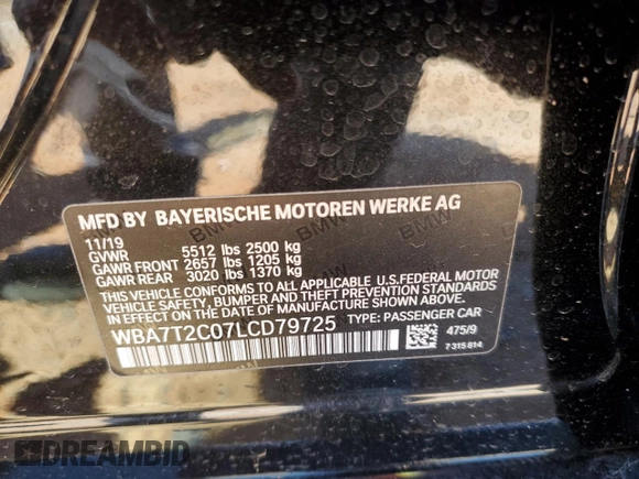 2020 BMW 7 Series 740i with VIN WBA7T2C07LCD79725, listed as a Copart auction lot 48498255 with 57,580 mi miles and Salvage title. Bid and sale history available at DreamBid. Image 14.
