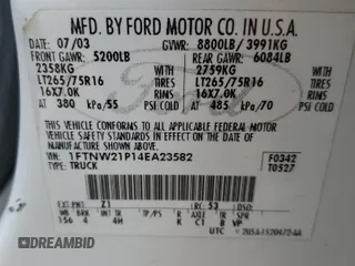 2004 Ford Super Duty F-250 XL with VIN 1FTNW21P14EA23582, listed as a Copart auction lot 62658954 with 205,382 mi miles and Salvage Title. Bid and sale history available at carsss.com. Image 12.
