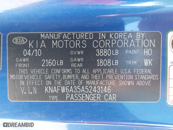 2010 Kia Forte Koup SX with VIN KNAFW6A35A5243146, listed as a IAAI auction lot 41954948 with 101765 miles. Bid and sale history available at carsss.com. Image 9.