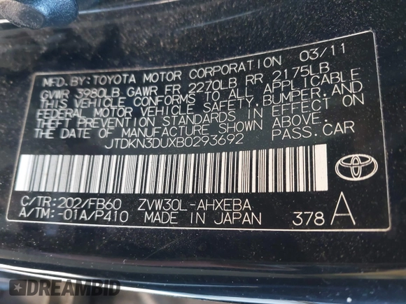 2011 Toyota Prius I with VIN JTDKN3DUXB0293692, listed as a IAAI auction lot 41628333 with 124,577 mi miles. Bid and sale history available at carsss.com. Image 9.