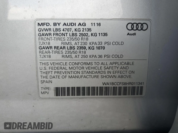 2017 Audi Q3 Premium with VIN WA1BCCFS8HR011341, listed as a Copart auction lot 63575795 with 86,399 mi miles and Clean title. Bid and sale history available at DreamBid. Image 13.