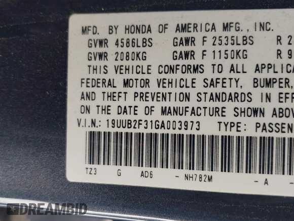 2016 Acura TLX V6 with VIN 19UUB2F31GA003973, listed as a IAAI auction lot 41560121 with 1 mi miles. Bid and sale history available at carsss.com. Image 9.