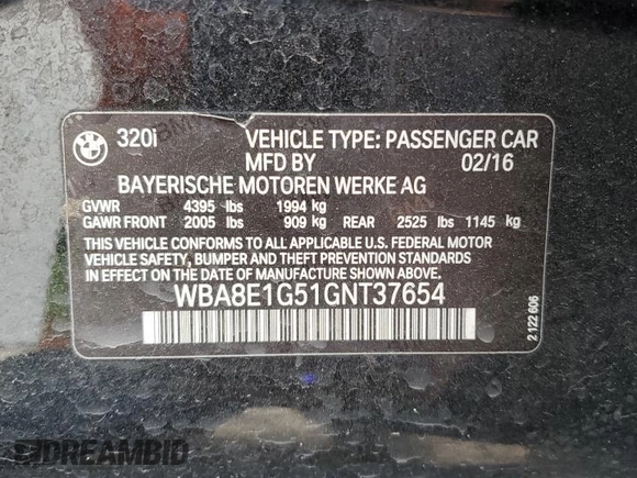 2016 BMW 3 Series 320i with VIN WBA8E1G51GNT37654, listed as a Copart auction lot 43650585 with 141,032 mi miles and Salvage Title. Bid and sale history available at DreamBid. Image 12.