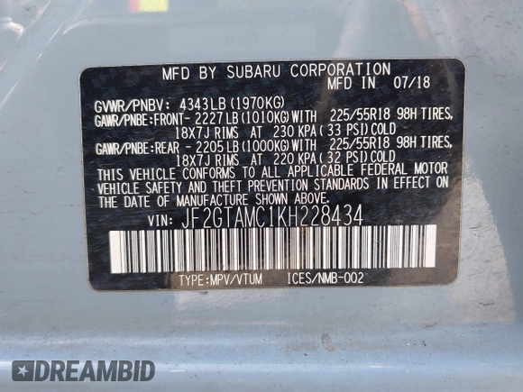 2019 Subaru Crosstrek Limited z VIN JF2GTAMC1KH228434, wystawiony jako IAAI lot #42092832 z przebiegiem 40 292 mil mil oraz . Historia ofert i sprzedaży dostępna na DreamBid. Obrazek 9.