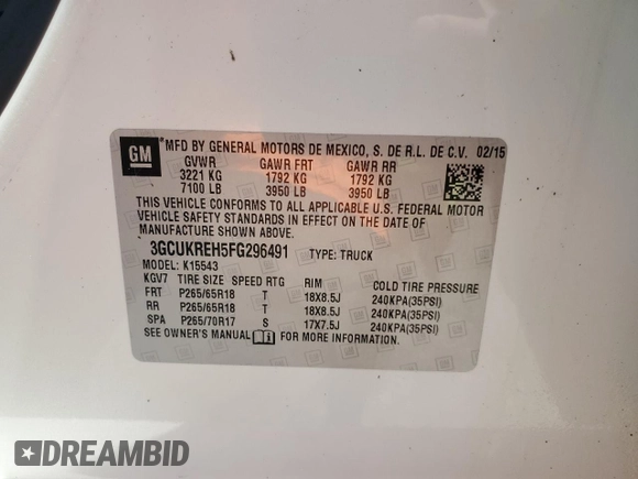 2015 Chevrolet Silverado 1500 LT with VIN 3GCUKREH5FG296491, listed as a Copart auction lot 57342335 with 252,726 mi miles and Clean Title. Bid and sale history available at DreamBid. Image 14.