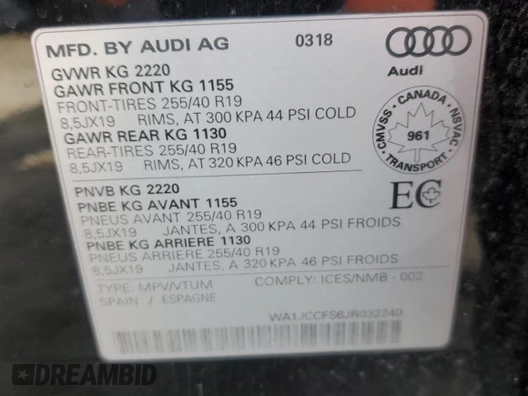 2018 Audi Q3 Premium Plus with VIN WA1JCCFS6JR032240, listed as a Copart auction lot 48233765 with 76,273 mi miles and Salvage Title. Bid and sale history available at carsss.com. Image 13.