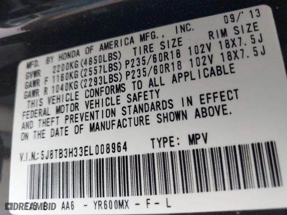 2014 Acura RDX with VIN 5J8TB3H33EL008964, listed as a IAAI auction lot 40826147 with 92,309 mi miles. Bid and sale history available at carsss.com. Image 9.