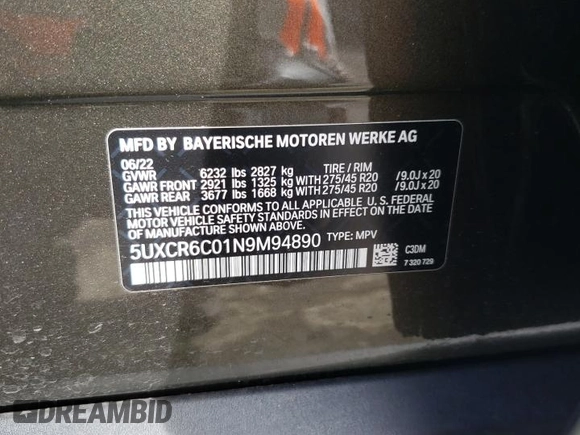 2022 BMW X5 xDrive40i with VIN 5UXCR6C01N9M94890, listed as a Copart auction lot 45261973 with Not Provided miles. Bid and sale history available at carsss.com. Image 15.