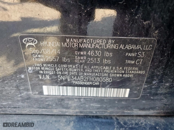 2015 Hyundai Sonata 2.0T Sport with VIN 5NPE34AB2FH080580, listed as a Copart auction lot 52343635 with 159,901 mi miles and Clean Title. Bid and sale history available at carsss.com. Image 12.