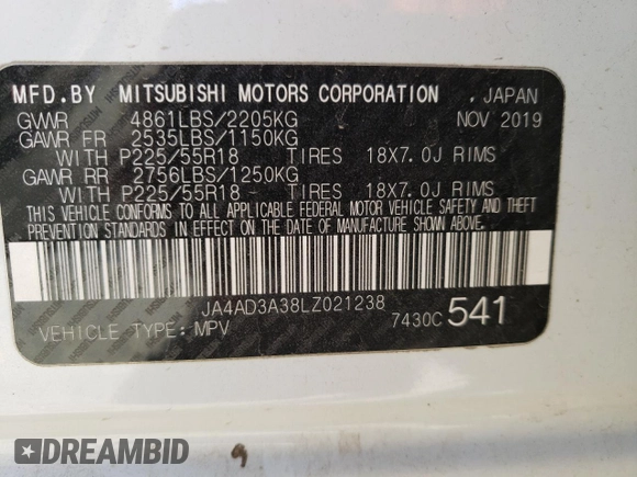 2020 Mitsubishi Outlander SE z VIN JA4AD3A38LZ021238, wystawiony jako Copart lot #48389905 z przebiegiem 162 038 mil mil oraz Szkoda całkowita • Salvage title. Historia ofert i sprzedaży dostępna na DreamBid. Obrazek 16.