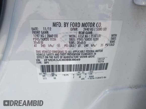 2013 Ford Edge SEL with VIN 2FMDK3JC8DBB38049, listed as a IAAI auction lot 41806842 with 137,119 mi miles. Bid and sale history available at carsss.com. Image 9.