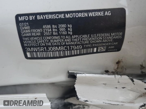 2021 BMW 3 Series 330i with VIN 3MW5R1J08M8C17949, listed as a Copart auction lot 61241105 with 48,593 mi miles and Clean title. Bid and sale history available at DreamBid. Image 12.
