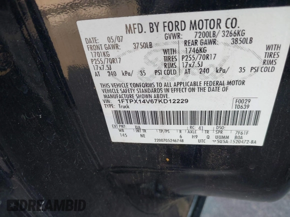 2007 Ford F-150 XLT z VIN 1FTPX14V67KD12229, wystawiony jako IAAI lot #42749433 z przebiegiem 156 168 mil mil oraz . Historia ofert i sprzedaży dostępna na DreamBid. Obrazek 9.