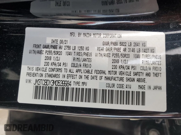 2021 Mazda CX-9 Grand Touring with VIN JM3TCBDY3M0539984, listed as a Copart auction lot 46810205 with 30,251 mi miles and Salvage Title. Bid and sale history available at carsss.com. Image 14.