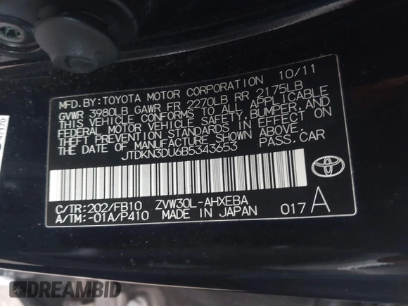 2011 Toyota Prius I with VIN JTDKN3DU6B5343653, listed as a IAAI auction lot 41849401 with 190,617 mi miles. Bid and sale history available at carsss.com. Image 9.