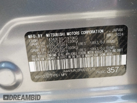 2024 Mitsubishi Outlander S z VIN JA4ARUAU3RU015370, wystawiony jako IAAI lot #42419186 z przebiegiem 26 526 mil mil oraz . Historia ofert i sprzedaży dostępna na DreamBid. Obrazek 9.