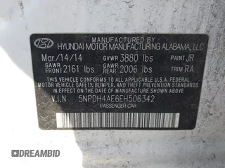2014 Hyundai Elantra SE with VIN 5NPDH4AE6EH506342, listed as a IAAI auction lot 41913469 with 184,869 mi miles and . Bid and sale history available at DreamBid. Image 9.