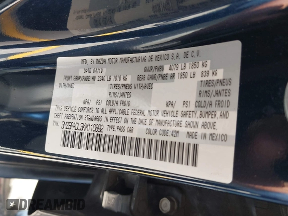 2019 Mazda 3 Preferred with VIN 3MZBPADL3KM110892, listed as a IAAI auction lot 42236763 with 52,222 mi miles and . Bid and sale history available at DreamBid. Image 9.