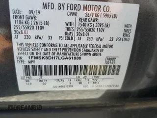 2020 Ford Explorer XLT with VIN 1FMSK8DH7LGA61080, listed as a Copart auction lot 52371865 with 74,027 mi miles and Salvage Title. Bid and sale history available at DreamBid. Image 16.