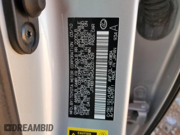 2010 Lexus HS with VIN JTHBB1BA5A2031439, listed as a Copart auction lot 76061964 with 133,643 mi miles and Salvage Title. Bid and sale history available at carsss.com. Image 12.