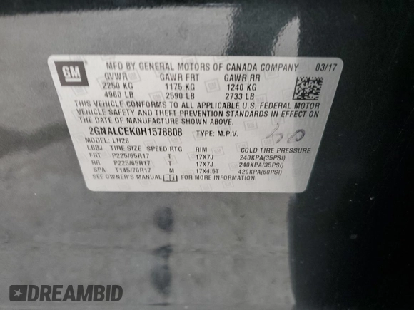 2017 Chevrolet Equinox LT with VIN 2GNALCEK0H1578808, listed as a Copart auction lot 46187145 with 102,622 mi miles and Salvage Title. Bid and sale history available at carsss.com. Image 13.