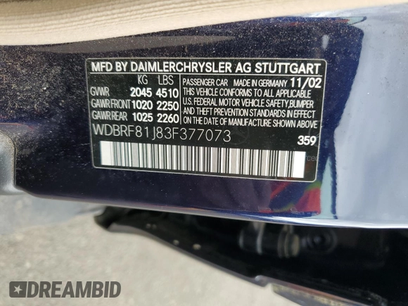 2003 Mercedes-Benz C 240 с VIN WDBRF81J83F377073, выставлен на аукционе Copart как лот 72051204 с пробегом Не указан миль и На запчасти • Non repairable. История ставок и продаж доступна на DreamBid. Изображение 12.
