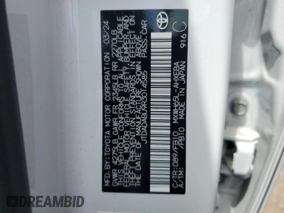 2024 Toyota Prius LE with VIN JTDADABU9R3014585, listed as a Copart auction lot 64608015 with 3,773 mi miles and Salvage title. Bid and sale history available at DreamBid. Image 13.