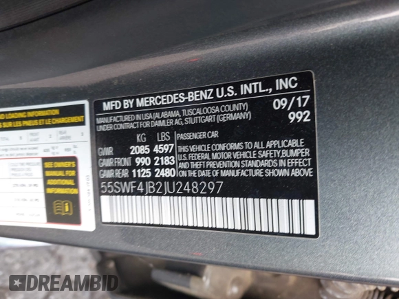 2018 Mercedes-Benz C 300 with VIN 55SWF4JB2JU248297, listed as a IAAI auction lot 42419602 with 88,047 mi miles and . Bid and sale history available at DreamBid. Image 9.