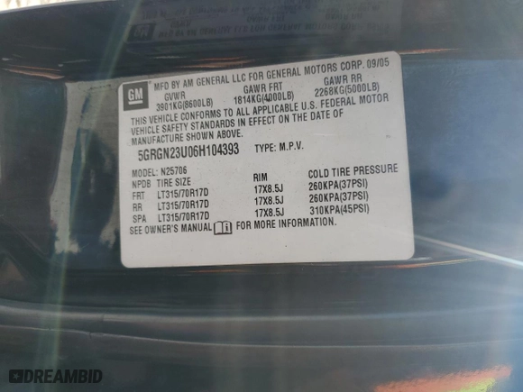 2006 Hummer H2 with VIN 5GRGN23U06H104393, listed as a Copart auction lot 46208975 with NaN miles and Salvage Title. Bid and sale history available at carsss.com. Image 14.