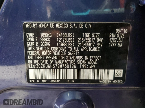 2016 Honda HR-V EX with VIN 3CZRU6H57GM750186, listed as a Copart auction lot 51187335 with 141,552 mi miles and Salvage Title. Bid and sale history available at DreamBid. Image 14.