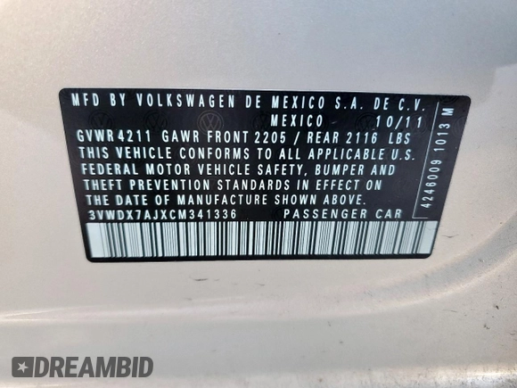 2012 Volkswagen Jetta SE with VIN 3VWDX7AJXCM341336, listed as a Copart auction lot 62117055 with 110,492 mi miles and Salvage title. Bid and sale history available at DreamBid. Image 12.