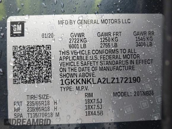 2020 GMC Acadia SLE with VIN 1GKKNKLA2LZ172190, listed as a IAAI auction lot 41113933 with 96,761 mi miles and . Bid and sale history available at carsss.com. Image 9.