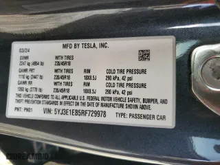 2024 Tesla Model 3 Long Range with VIN 5YJ3E1EB5RF729978, listed as a Copart auction lot 46510995 with 7,336 mi miles and Non Repairable. Bid and sale history available at carsss.com. Image 12.