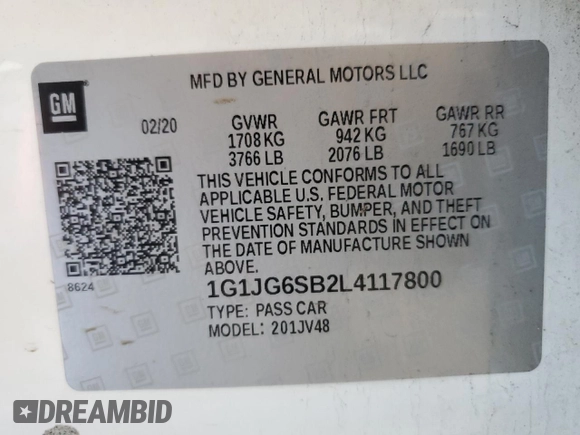 2020 Chevrolet Sonic LT z VIN 1G1JG6SB2L4117800, wystawiony jako Copart lot #55223025 z przebiegiem 79 777 mil mil oraz Szkody całkowita. Historia ofert i sprzedaży dostępna na DreamBid. Obrazek 13.