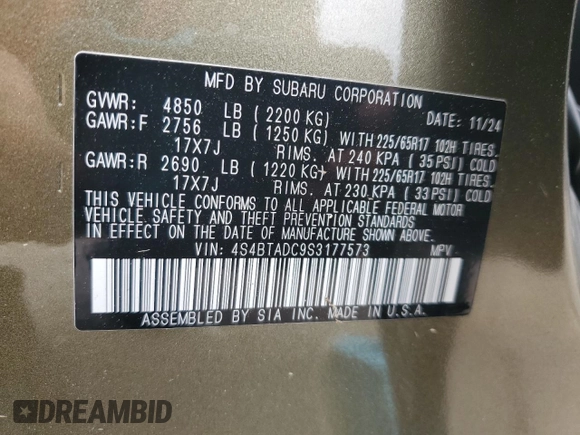 2025 Subaru Outback Premium with VIN 4S4BTADC9S3177573, listed as a Copart auction lot 57446915 with 3,005 mi miles and Salvage title. Bid and sale history available at DreamBid. Image 13.