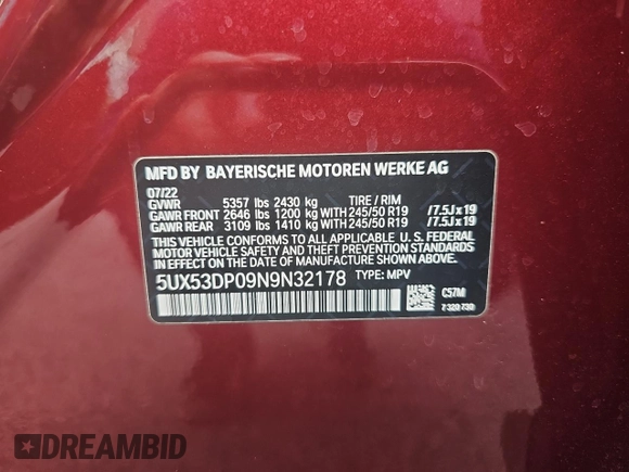 2022 BMW X3 xDrive30i with VIN 5UX53DP09N9N32178, listed as a Copart auction lot 54096015 with 15,970 mi miles and Clean Title. Bid and sale history available at DreamBid. Image 10.