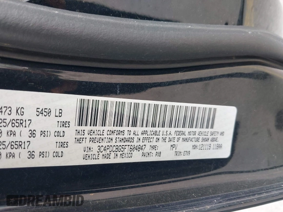 2015 Dodge Journey SXT with VIN 3C4PDCBG5FT604847, listed as a IAAI auction lot 42108853 with 164,679 mi miles. Bid and sale history available at carsss.com. Image 9.