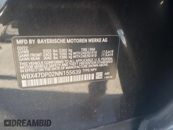 2022 BMW X3 sDrive30i with VIN WBX47DP02NN155639, listed as a Copart auction lot 84399294 with Not Provided miles and Salvage Title. Bid and sale history available at DreamBid. Image 13.