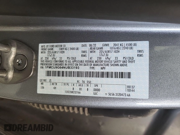 2022 Ford Escape SE with VIN 1FMCU9G64NUB33193, listed as a IAAI auction lot 42733930 with 73,871 mi miles and . Bid and sale history available at DreamBid. Image 5.