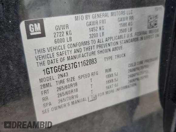 2016 GMC Canyon 4WD SLE with VIN 1GTG6CE37G1162083, listed as a Copart auction lot 72195474 with 94,869 mi miles and Salvage Title. Bid and sale history available at carsss.com. Image 12.