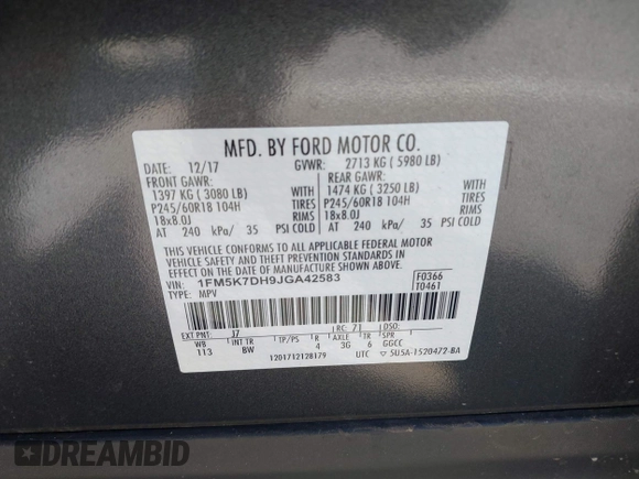 2018 Ford Explorer XLT with VIN 1FM5K7DH9JGA42583, listed as a IAAI auction lot 41418944 with 49,842 mi miles and . Bid and sale history available at DreamBid. Image 9.