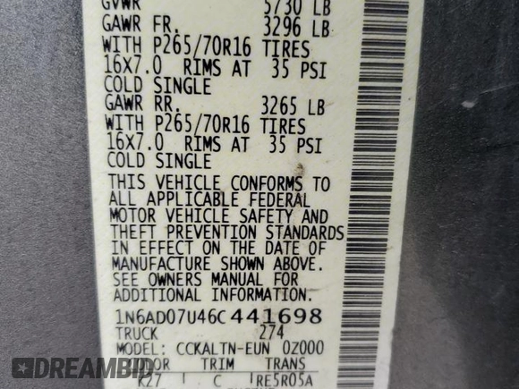 2006 Nissan Frontier SE with VIN 1N6AD07U46C441698, listed as a Copart auction lot 87406004 with 178,760 mi miles and Salvage title. Bid and sale history available at DreamBid. Image 12.