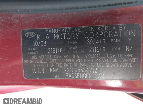 2009 Kia Spectra EX with VIN KNAFE221095634712, listed as a IAAI auction lot 41930897 with 165,185 mi miles. Bid and sale history available at carsss.com. Image 9.