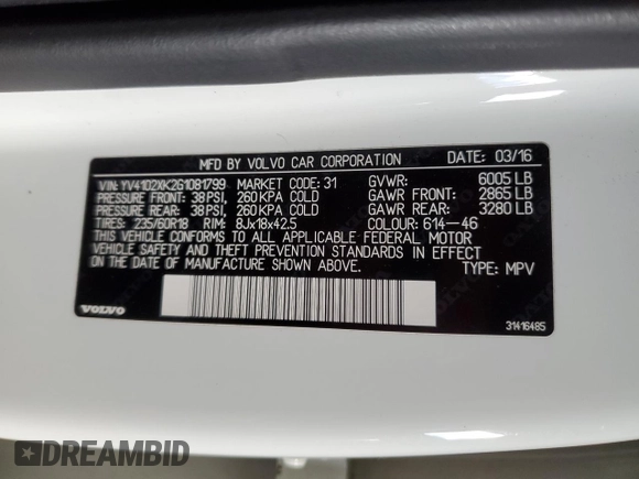 2016 Volvo XC90 Momentum with VIN YV4102XK2G1081799, listed as a Copart auction lot 85867184 with 92,638 mi miles and Clean Title. Bid and sale history available at carsss.com. Image 13.