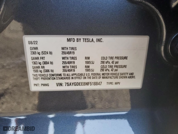 2022 Tesla Model Y Long Range with VIN 7SAYGDEE8NF518847, listed as a Copart auction lot 48431775 with 15,618 mi miles and Salvage Title. Bid and sale history available at carsss.com. Image 12.