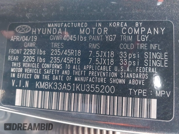 2019 Hyundai Kona Limited with VIN KM8K33A51KU355200, listed as a IAAI auction lot 41577081 with 14,718 mi miles. Bid and sale history available at carsss.com. Image 9.
