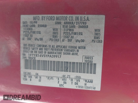 2000 Ford Ranger XL with VIN 1FTYR14V5YPA39917, listed as a IAAI auction lot 42218579 with 258,120 mi miles and . Bid and sale history available at carsss.com. Image 9.