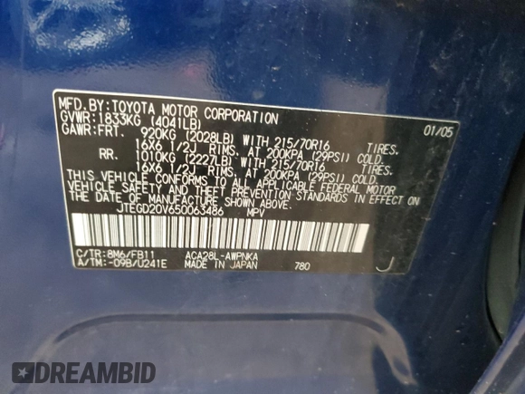 2005 Toyota RAV4 with VIN JTEGD20V650063486, listed as a Copart auction lot 53522685 with Not Provided miles and Clean Title. Bid and sale history available at DreamBid. Image 13.