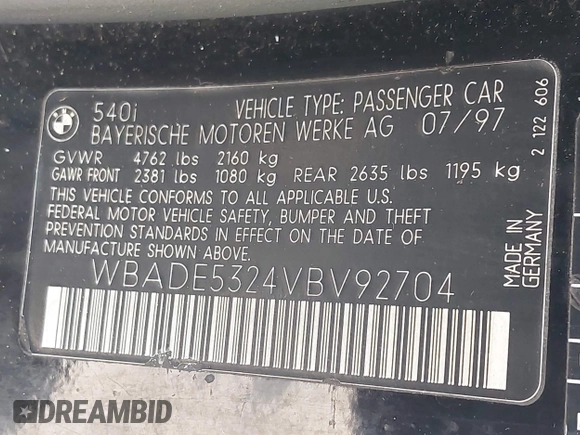 1997 BMW 5 Series 540i z VIN WBADE5324VBV92704, wystawiony jako IAAI lot #42305703 z przebiegiem 202 371 mil mil oraz . Historia ofert i sprzedaży dostępna na DreamBid. Obrazek 9.